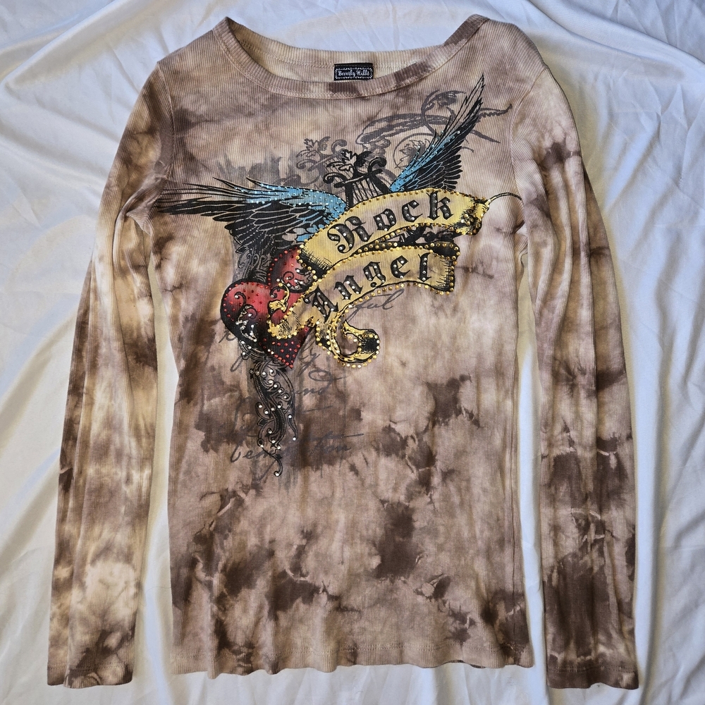 Vintage Women Brown Tie-Dye Rock Angel With Colorful Rhinestones Long Sleeve Tee